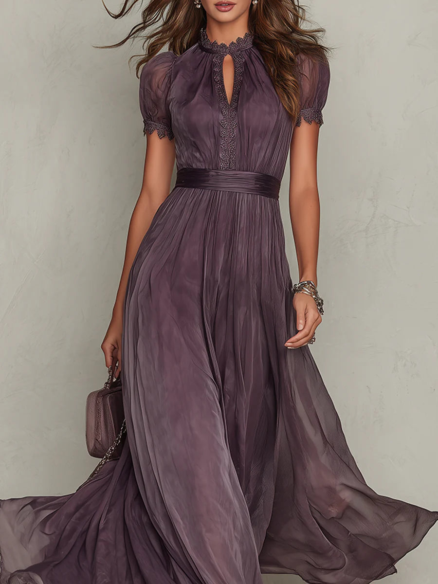 retro chiffon dress Retro Chiffon Printed Crew-Neck Long-Sleeve Pleated Waist Floral Dress